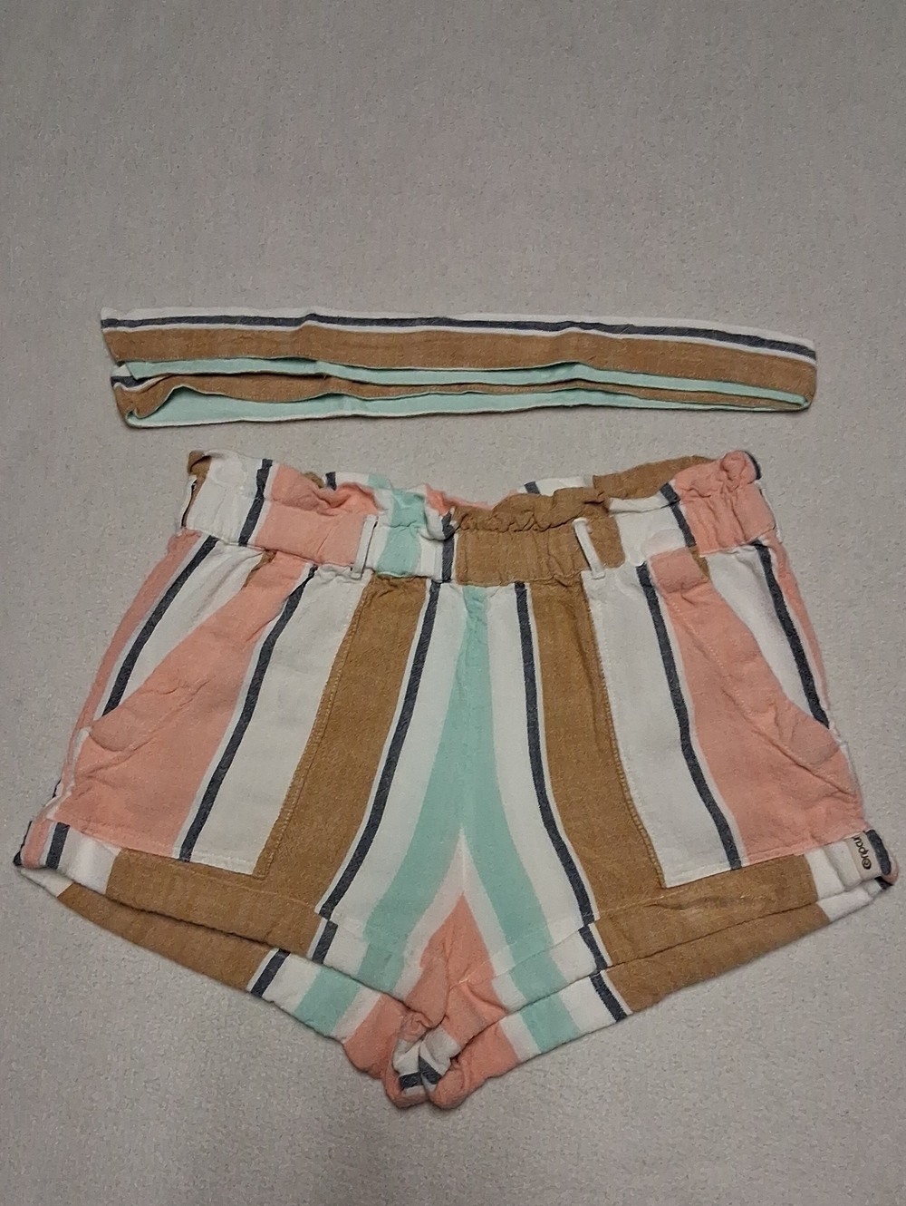 Ripzone High-Waist Striped Paperbag Shorts in Peach, Mint & Tan